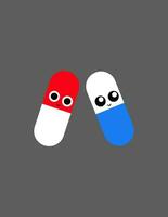 Emoji of two smiling pills over grey background, vector or color illustration