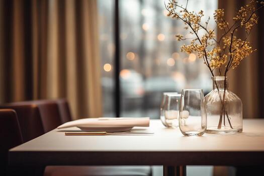 AI generated Elegant Minimalist Table Setting in Upscale Restaurant with Soft Bokeh Background photo