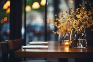 AI generated Elegant Minimalist Table Setting in Upscale Restaurant with Soft Bokeh Background photo