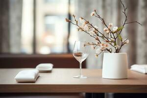 AI generated Elegant Minimalist Table Setting in Upscale Restaurant with Soft Bokeh Background photo