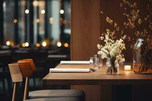 AI generated Elegant Minimalist Table Setting in Upscale Restaurant with Soft Bokeh Background photo