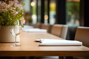 AI generated Elegant Minimalist Table Setting in Upscale Restaurant with Soft Bokeh Background photo