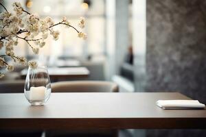 AI generated Elegant Minimalist Table Setting in Upscale Restaurant with Soft Bokeh Background photo