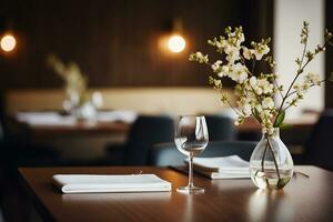 AI generated Elegant Minimalist Table Setting in Upscale Restaurant with Soft Bokeh Background photo