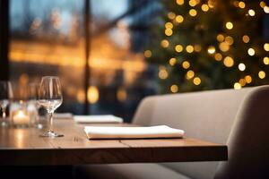 AI generated Elegant Minimalist Table Setting in Upscale Restaurant with Soft Bokeh Background photo