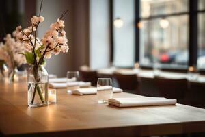 AI generated Elegant Minimalist Table Setting in Upscale Restaurant with Soft Bokeh Background photo