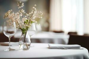 AI generated Elegant Minimalist Table Setting in Upscale Restaurant with Soft Bokeh Background photo