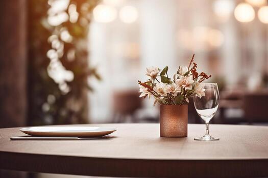 AI generated Elegant Minimalist Table Setting in Upscale Restaurant with Soft Bokeh Background photo