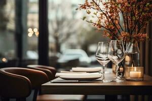 AI generated Elegant Minimalist Table Setting in Upscale Restaurant with Soft Bokeh Background photo