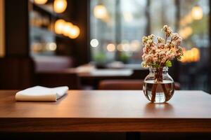 AI generated Elegant Minimalist Table Setting in Upscale Restaurant with Soft Bokeh Background photo