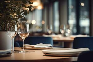 AI generated Elegant Minimalist Table Setting in Upscale Restaurant with Soft Bokeh Background photo