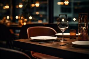 ai generado elegante minimalista mesa ajuste en exclusivo restaurante con suave bokeh antecedentes foto