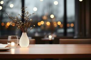 AI generated Elegant Minimalist Table Setting in Upscale Restaurant with Soft Bokeh Background photo