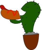 Cactus eating a big hot dog , vector or color illustration