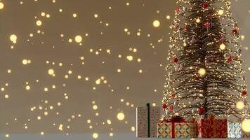 3d obra de arte ,Navidad árbol decoración con luz, vaso pelota y rojo adornos en antecedentes bokeh de lado parpadeando ligero bombillas guirnaldas para familia invierno día festivo. 8k resolución foto