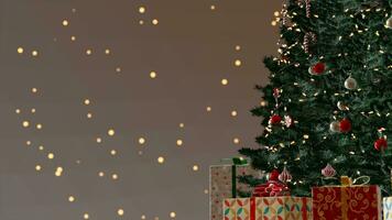 3d obra de arte ,Navidad árbol decoración con luz, vaso pelota y rojo adornos en antecedentes bokeh de lado parpadeando ligero bombillas guirnaldas para familia invierno día festivo. 8k resolución foto