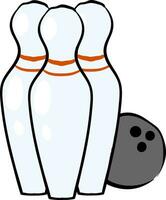 Bowling ball and three white pins , vector or color illustration