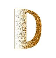 Letter D of Latin alphabet decorated with sand effect stipple texture vector illustration, round confetti dots grunge pattern, speckled chaotic particles, geometric image, golden chaotic dots abc