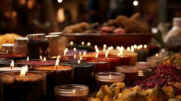 ai generado vivo habitación ajuste con un florero de Fresco flores y iluminado velas en un de madera bandeja, exudando un sentido de paz y comodidad. foto