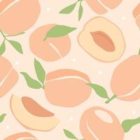 Seamless pattern with juicy whole peach, slice, leaves, and bone. vector