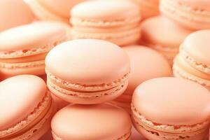 AI generated many vertical stacks of macaroons background in peach fuzz color photo