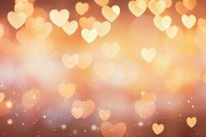 AI generated beautiful shiny hearts bokeh background in peach fuzz color of the year 2024 photo