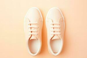 AI generated casual sneakers on a peach fuzz color of the year 2024 backgrround photo