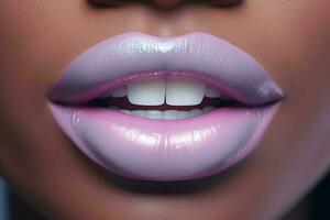 AI generated black womans lips with pastel color lipstick close up macro detail, beauty shot photo