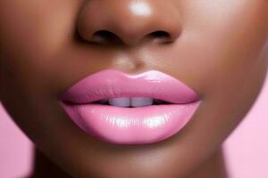 ai generado negro mujeres labios con pastel color lápiz labial cerca arriba macro detalle, belleza Disparo foto