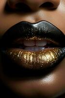 ai generado negro mujeres labios con oro Brillantina color lápiz labial cerca arriba macro detalle, belleza Disparo foto