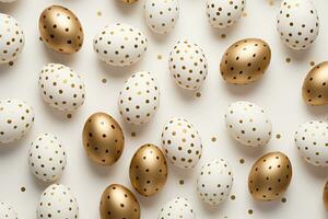 AI generated Festive Easter eggs with polka dots in white and gold colors  flat lay pattern photo