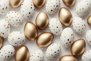 AI generated Festive Easter eggs with polka dots in white and gold colors  flat lay pattern photo