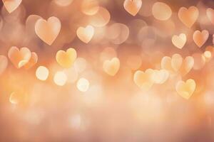 AI generated beautiful shiny hearts bokeh background in peach fuzz color of the year 2024 photo