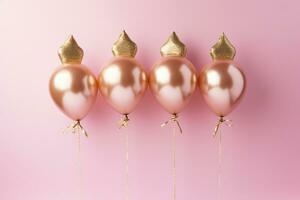 AI generated princess themed birthday party foil balloons with a golden crown on a pastel pink background photo