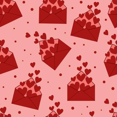 Love letters seamless pattern. Repeating design element for printing on wrapping. Surprise, gift, love and romance. March 8, wedding anniversary and Valentines day. Cartoon flat vector illustration