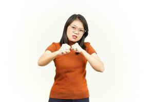 Punching fist to fight Of Beautiful Asian Woman Isolated On White Background photo