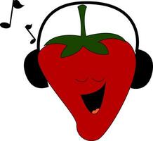 Strawberry listening to music, vector or color illustration.