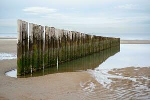 Dunes, clouds, breakwater at ebb tide on sandy beach photo