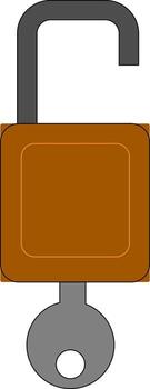 Brown color open lock with grey color key, black loop, vector or color illustration.