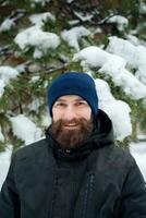 bearded man in winter hat smiling portrait extreme photo