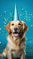 AI generated Happy dog wearing a party hat, celebrating at a birthday party. Generative AI photo