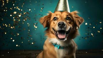 AI generated Happy dog wearing a party hat, celebrating at a birthday party. Generative AI photo