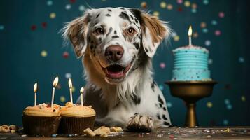 ai generado contento perro vistiendo un fiesta sombrero, celebrando a un cumpleaños fiesta. generativo ai foto