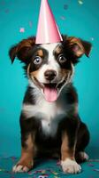 AI generated Happy dog wearing a party hat, celebrating at a birthday party. Generative AI photo