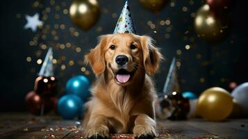 AI generated Happy dog wearing a party hat, celebrating at a birthday party. Generative AI photo