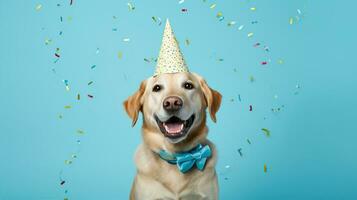 ai generado contento perro vistiendo un fiesta sombrero, celebrando a un cumpleaños fiesta. generativo ai foto