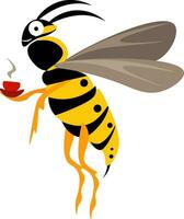 Cute little wasp holding a steaming cup of coffee looks funny vector or color illustration