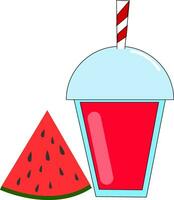 Watermelon juice in a disposable plastic red party cup with lid and straw and a wedge watermelon vector or color illustration