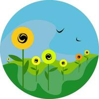 Portrait of sunflowers in a field vector or color illustration