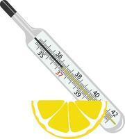 A lemon wedge lying close to a thermometer vector or color illustration